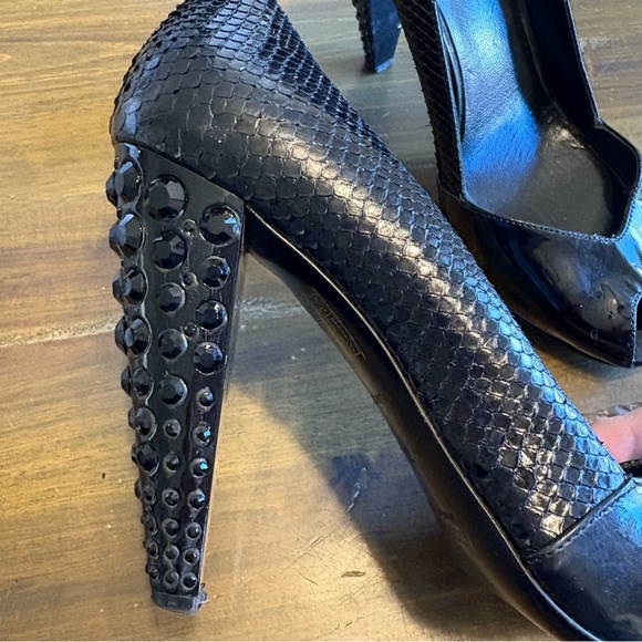 Miu Miu Black Patent Peep Toe Jeweled Heels Python Snake Skin Rhinestones 37 - Picture 3 of 14
